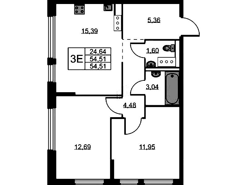 2-комнатная квартира 54.51 м², 9/11 эт., ЖК «Новое Колпино»